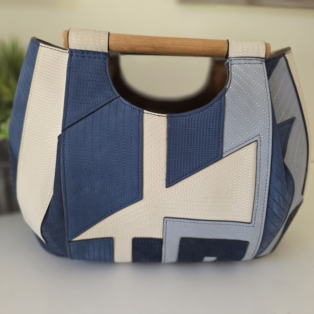 Tory Burch Rare Suede Patchwork Tote Wood Handle Navy Colorblock Pouch Crossbody - Picture 11 of 13